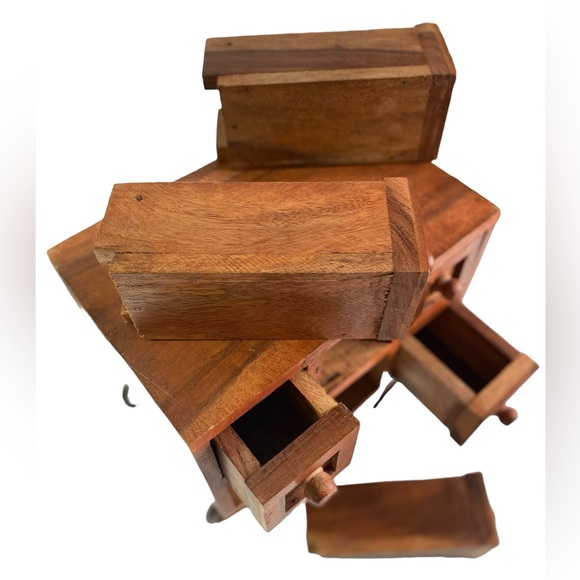 Balinese Wooden Jewelry Box Has 6 Distinct Pull Out Drawers on Wrought Iron Legs - Picture 15 of 16